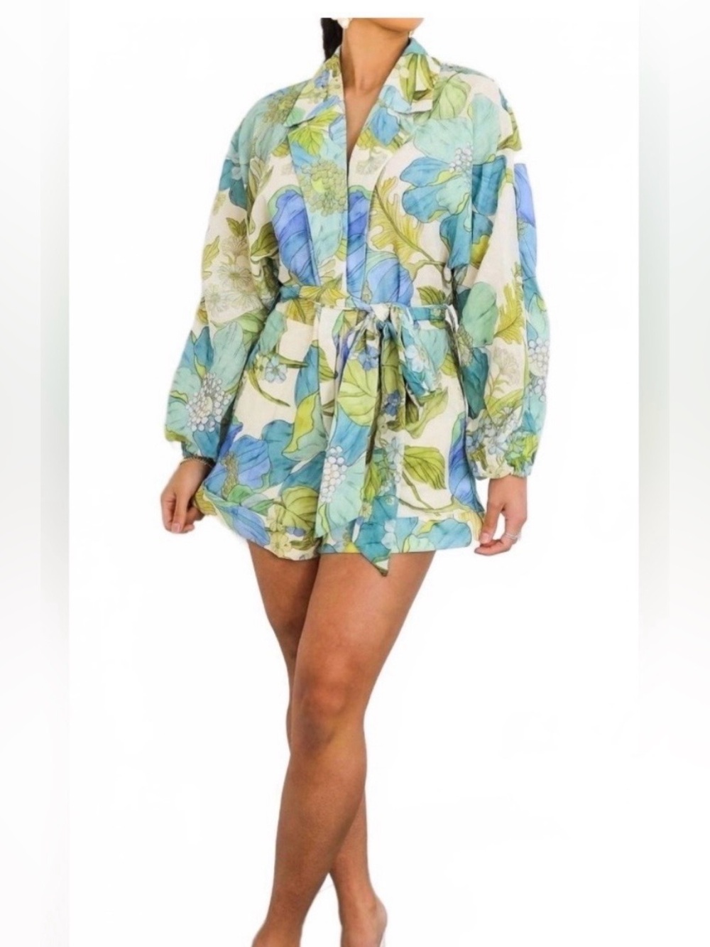 Luxxel Floral Tie-Waist Romper/Playsuit - Tropical Blue & Green